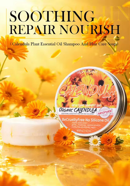 Organic Calendula Cold Pressed Shampoo Soap for Hair Care Without Silicone, Cleanses the Scalp, Nourishes Hair & Controls Oil